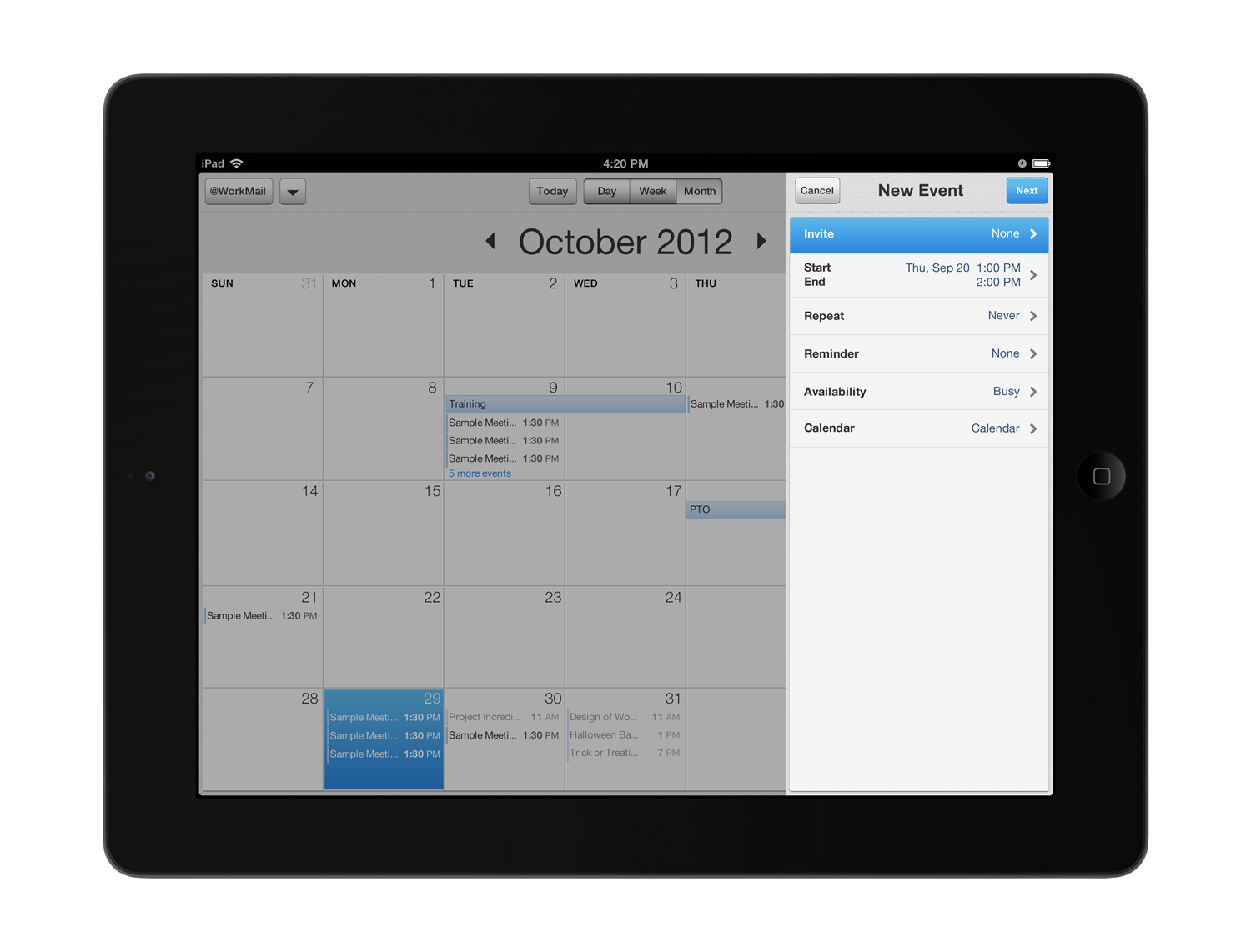 The New Event panel over the month calendar, listing invite, start and end, repeat, reminder, availability and calendar