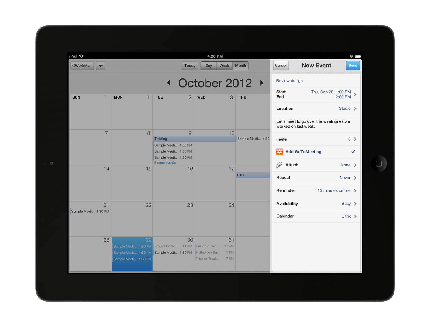 The review screen of a new event with title, time, location, invitees, GoToMeeting added, reminder and calendar