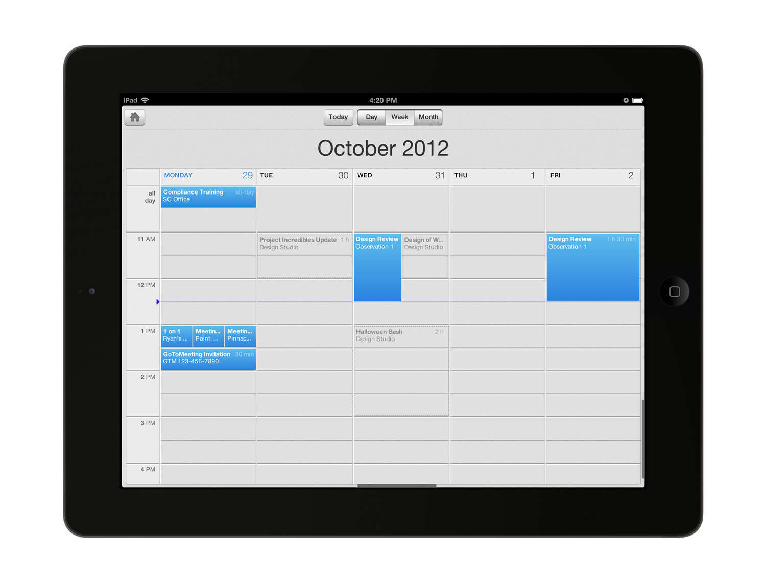 The @WorkMail iPad calendar in week view, showing all-day, tentative and confirmed events