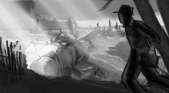 Grayscale illustration for The Drowned Giant: a man with a briefcase walks toward a giant's body washed up on a beach