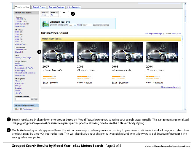 Search results grouped by model year