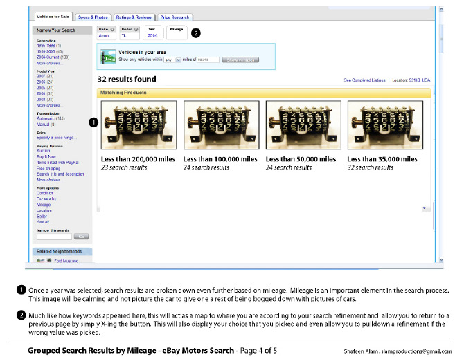 Search results grouped by mileage