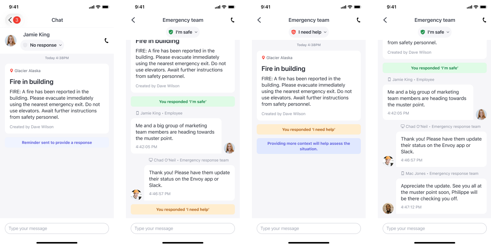 Four phone screens showing no-response reminder, I'm safe thread, I need help thread, and two-way coordination with the emergency response team