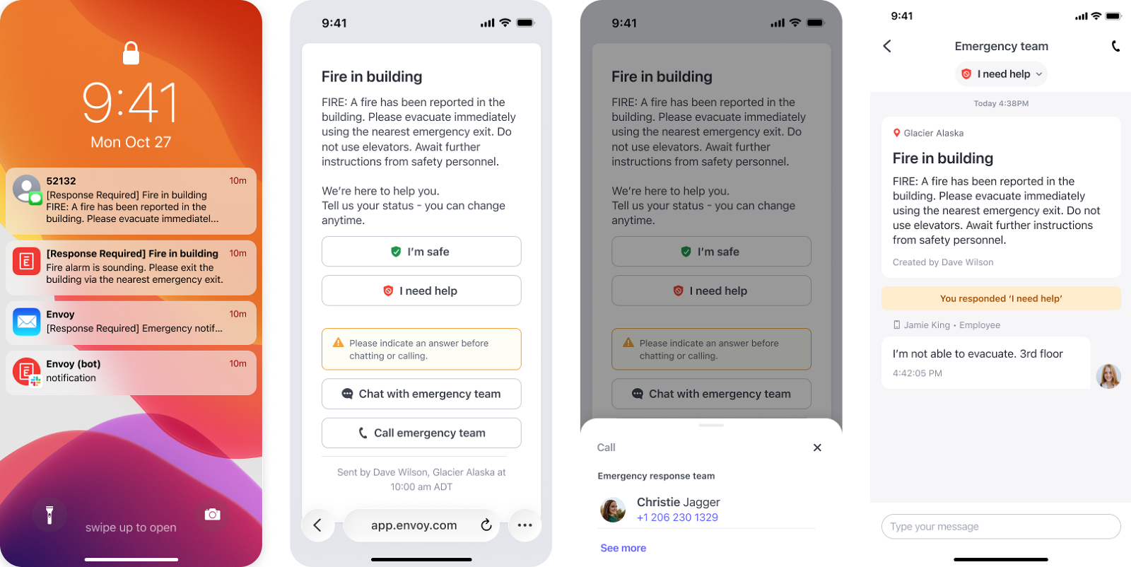 Recipient flow across four phones: lock screen notification, status prompt with I'm safe and I need help, call sheet, and the resulting chat thread