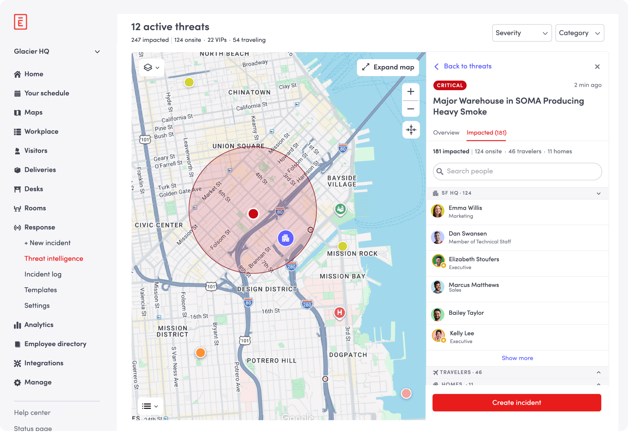 Envoy Response threat intelligence dashboard: a critical warehouse fire with an impact radius on the map and a panel listing 181 impacted people across onsite, travelers and homes, with a Create incident button