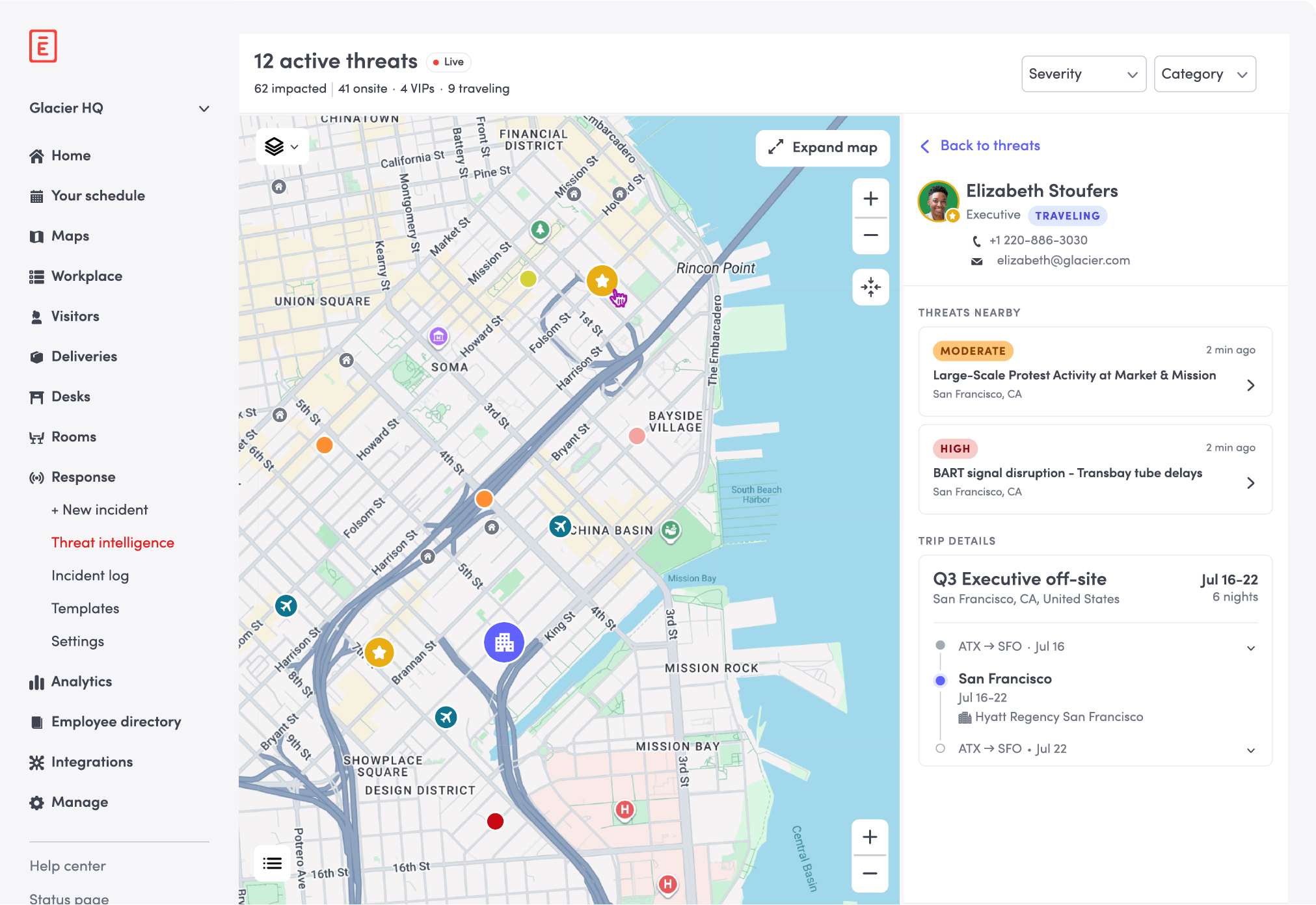 Envoy Response threat intelligence dashboard showing a traveling executive's profile with nearby threats and trip itinerary details