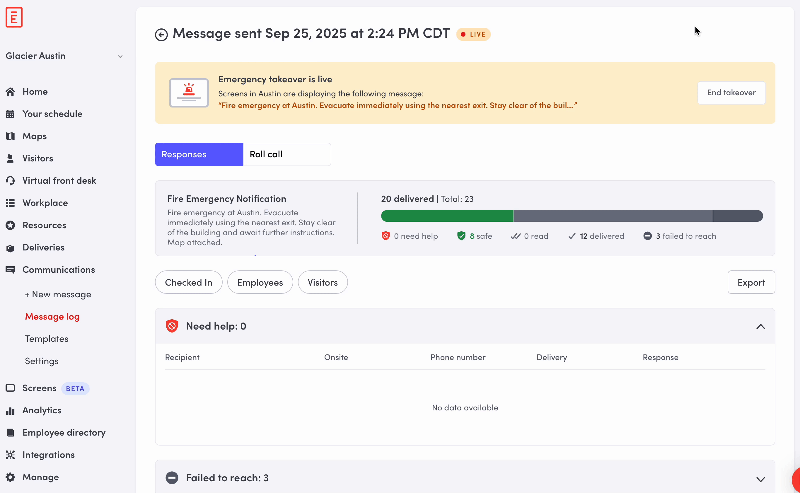Admin incident view switching between Responses and Roll call, showing need help, safe, read, delivered and failed-to-reach counts