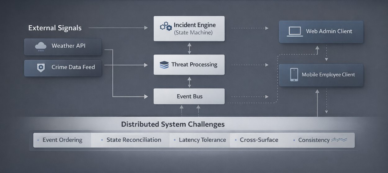 System architecture: weather API and crime data feed into the incident engine state machine, threat processing and event bus, feeding web admin and mobile employee clients