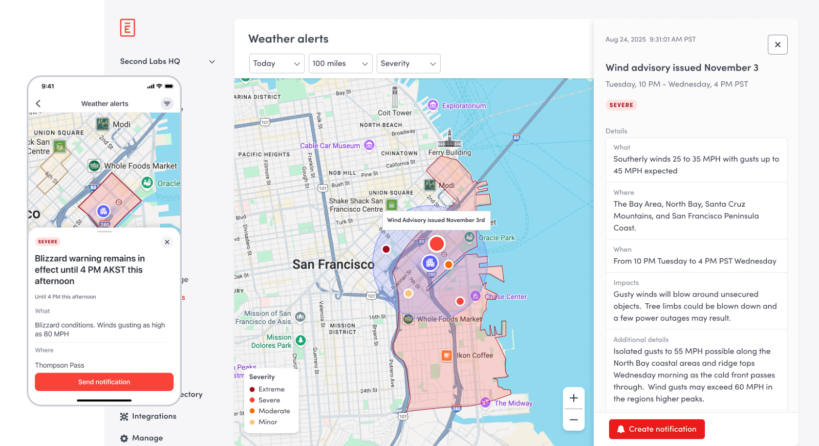 Envoy weather and threat alerts map with a severity-coded advisory panel