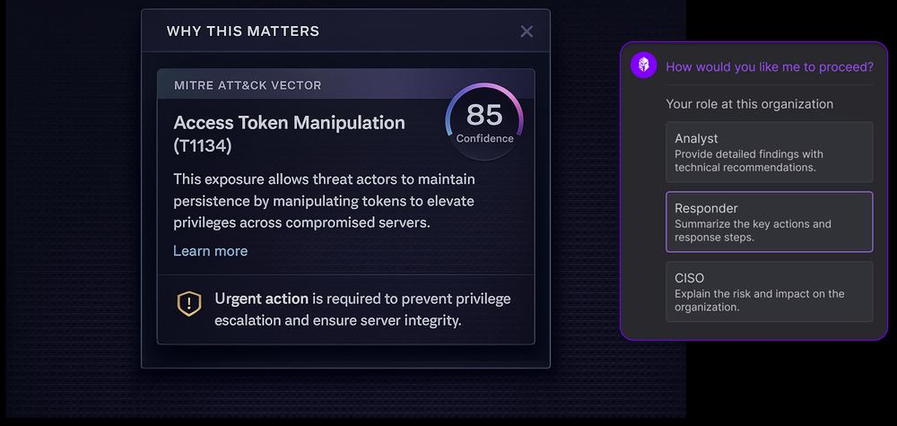 Why This Matters explainability panel with confidence score and a persona selector for Analyst, Responder, CISO