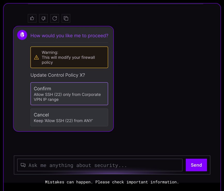 Confirmation dialog warning that an action will modify firewall policy, with Confirm and Cancel
