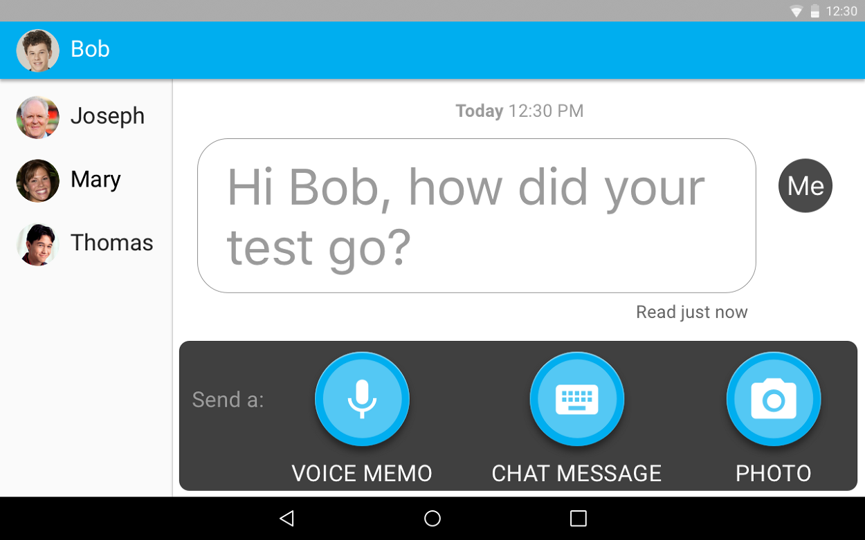 A sent message reading Hi Bob, how did your test go, marked Read just now