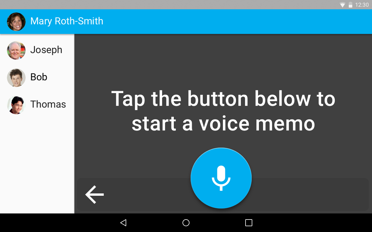 The voice memo screen: a plain instruction and one large microphone button.