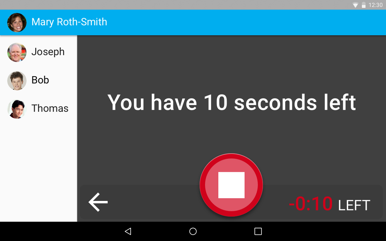 The recording screen with 10 seconds left and a red stop button