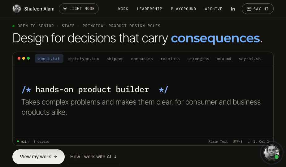 The new homepage, with the hero panel styled as a code editor