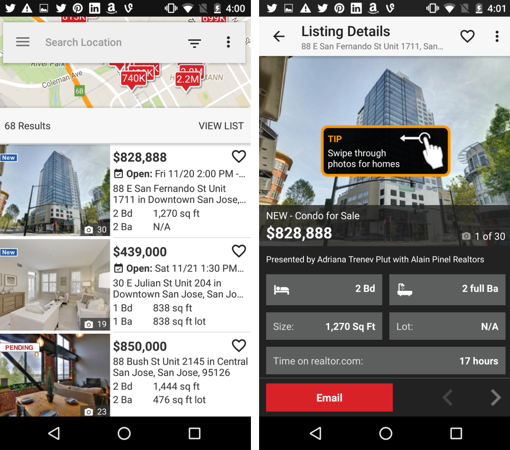 Two Android screens before the redesign. A cramped map with a search field over it and a list of listings below, and a listing detail page in dark chrome with an orange TIP coach mark reading swipe through photos for homes