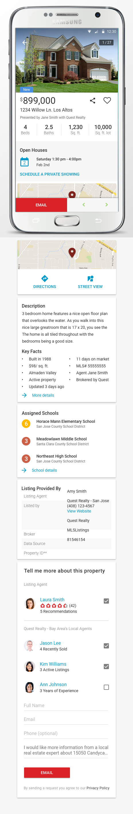 Redesigned Android listing detail page in a Samsung frame with a large photo, price, open house schedule, directions and street view, description, key facts, assigned schools with ratings, listing agent details, and an agent contact form