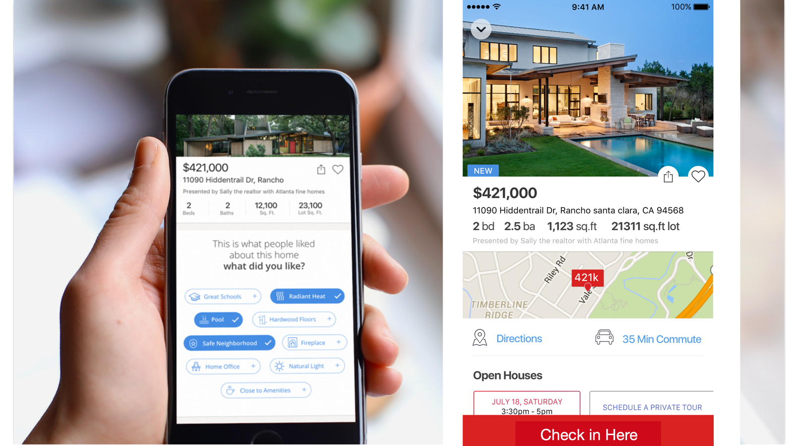 A hand holding a phone showing a prompt reading this is what people liked about this home, what did you like, with selectable attribute chips, beside a listing screen with a Check in Here button