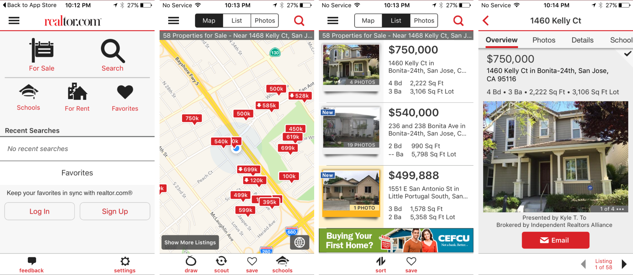 Four Realtor.com iOS screens before the redesign: a For Sale, Search, Schools, For Rent and Favorites entry hub with no recent searches, a map with red price pins, a dense list view with a CEFCU banner ad, and a tabbed listing detail page