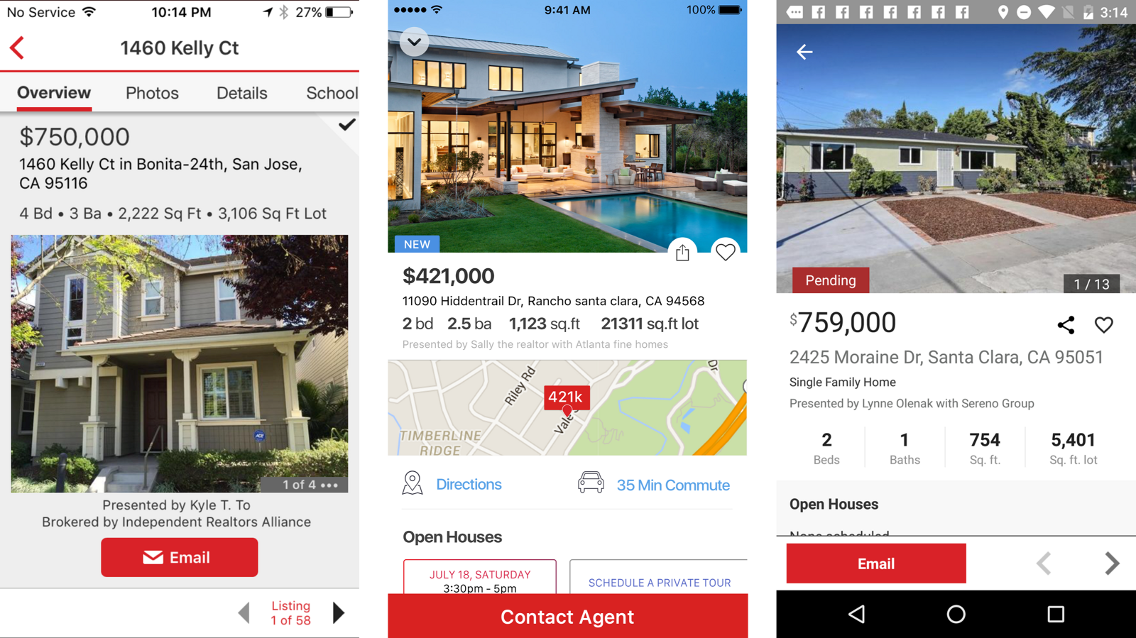 Three listing detail screens compared. The first is the old dense layout with a small photo. The second and third are redesigned, leading with a large photo, then price, beds, baths, a map with commute time, and open house times