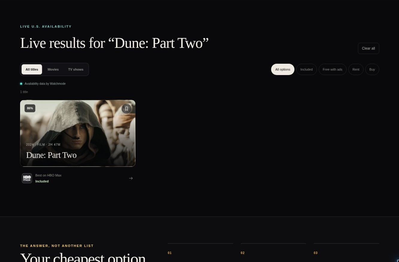 A Stream Find result for Dune Part Two, the card badged as included on HBO Max because that service is already selected
