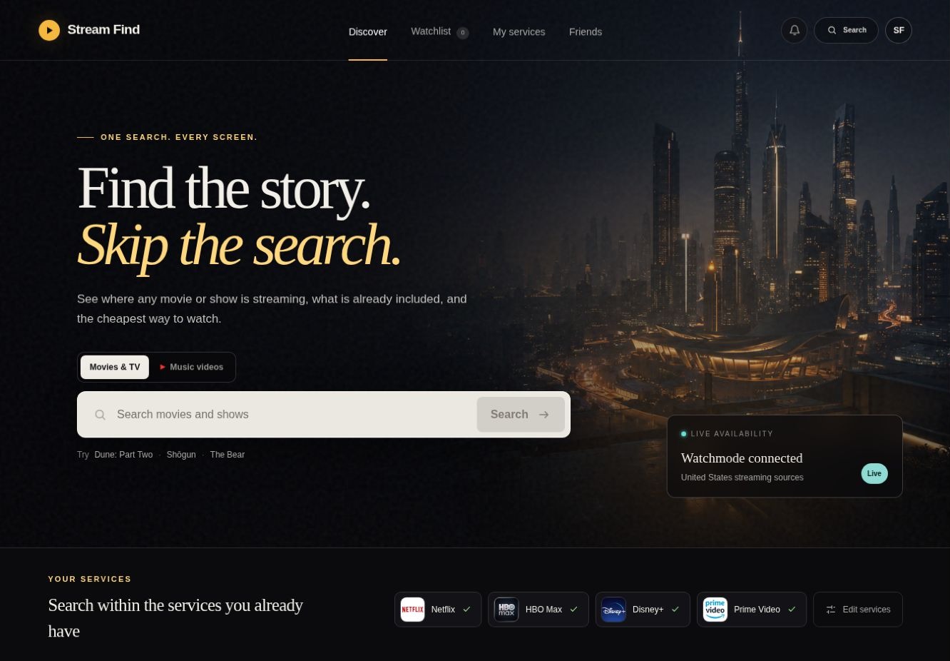 The guest home with a large search field and the line Find the story. Skip the search.