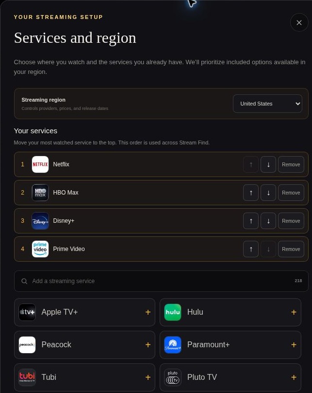 The Services and region panel with a region selector and an ordered list of selected services