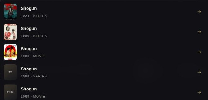 Autocomplete suggestions for Shogun with artwork, year, and series or movie labels