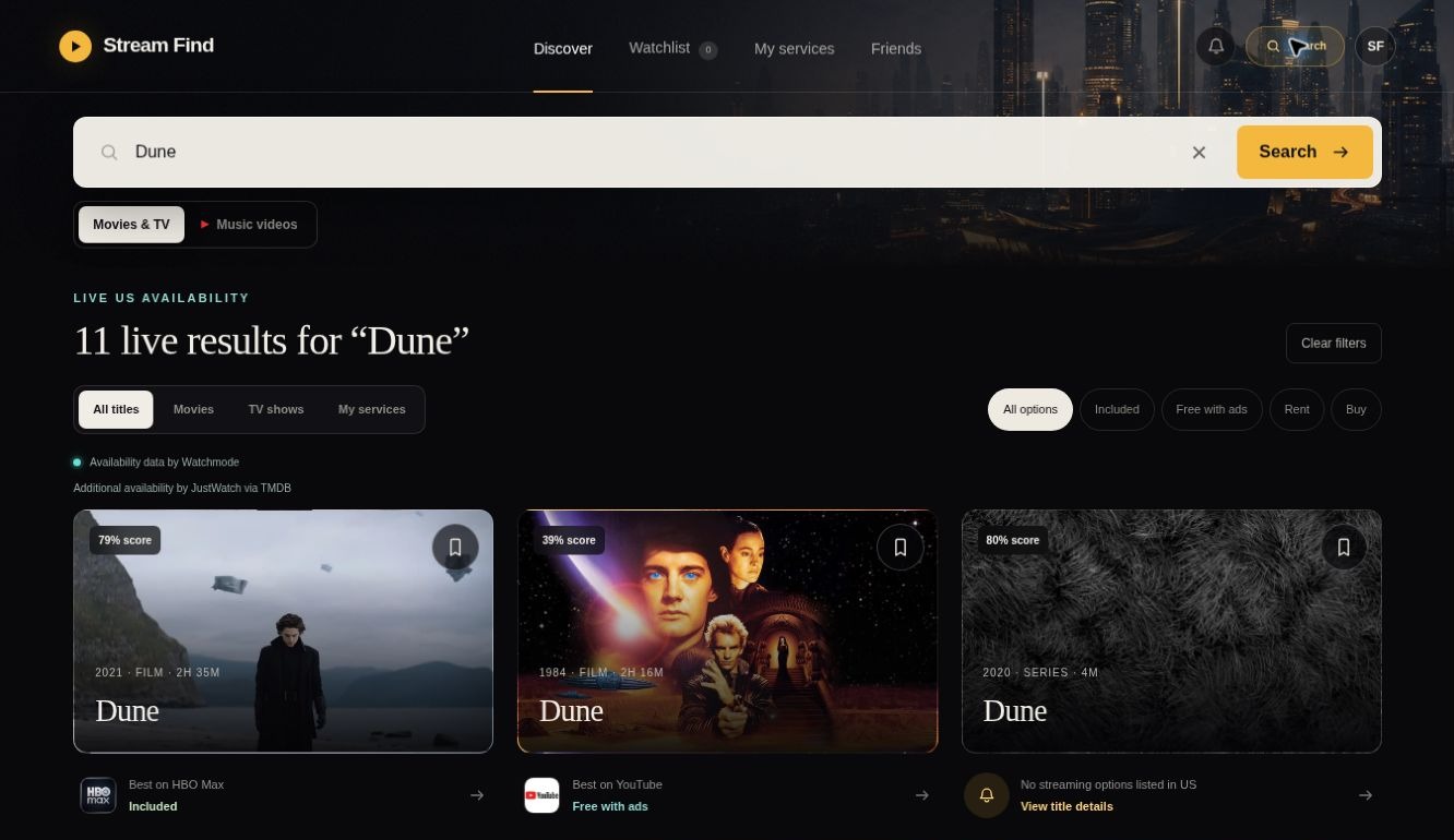 Search results for Dune with a live count, filters, and availability on each card