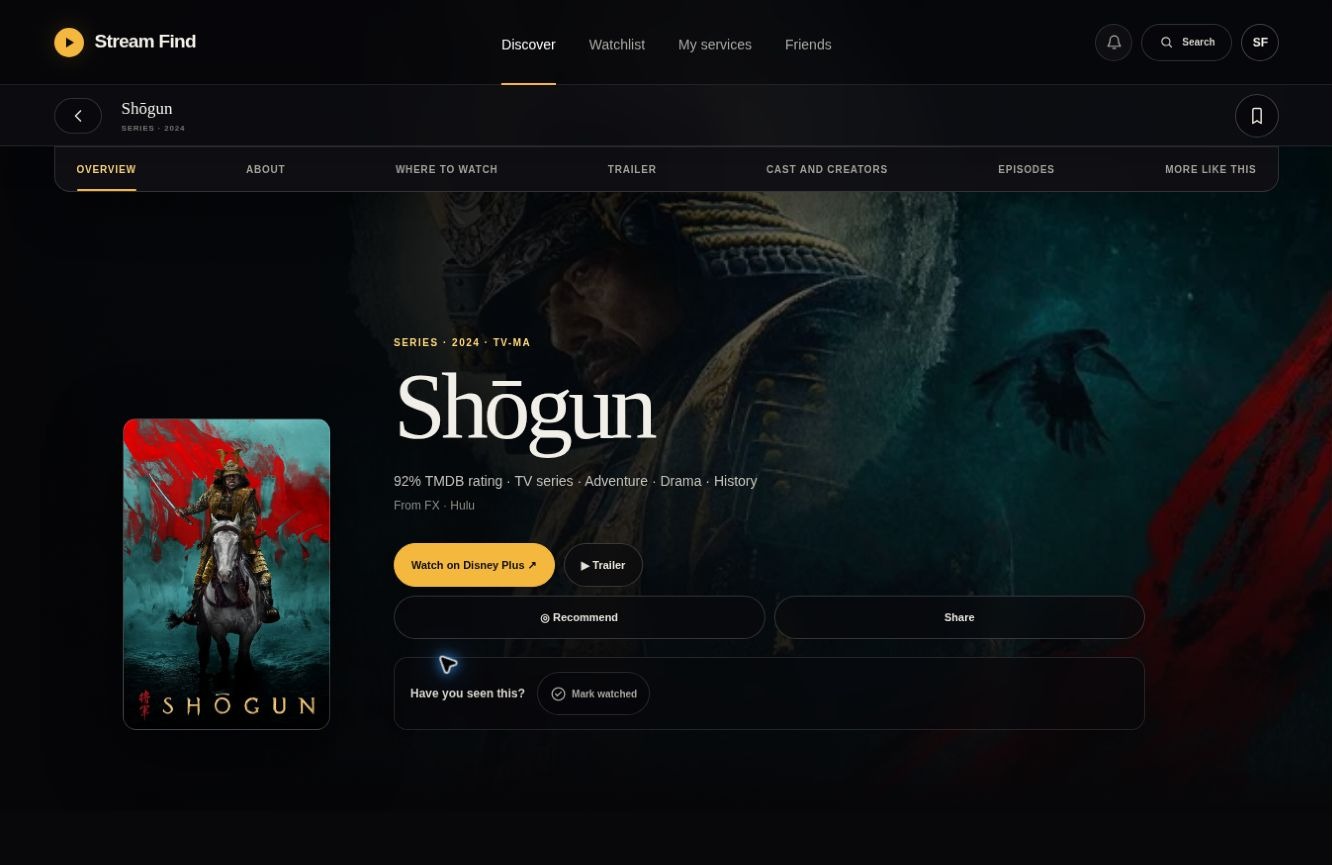The Shōgun title page with a full-bleed still, poster, rating, and a watch action