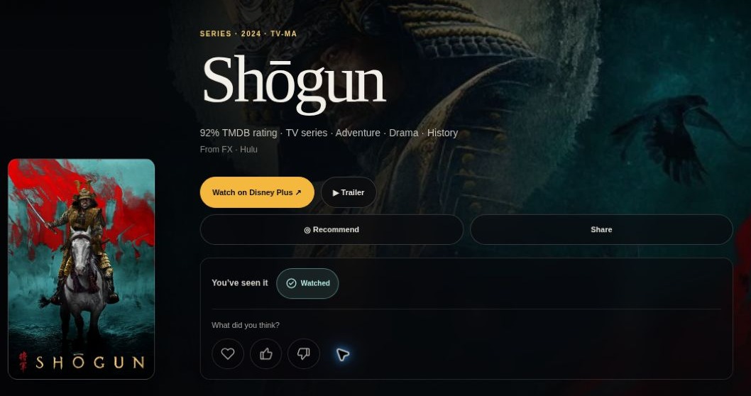 The Shōgun page after marking it watched, with Loved, Liked, and Not for me controls