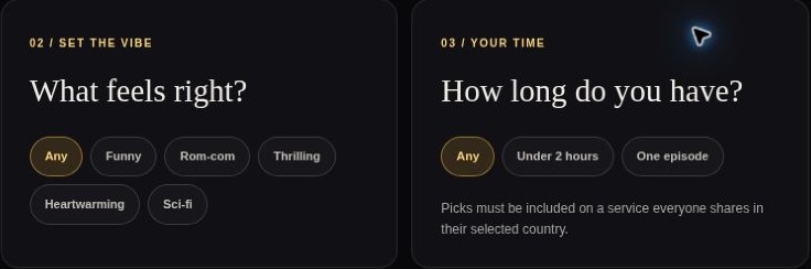 Two decide-together steps: What feels right? with mood choices, and How long do you have? with time choices