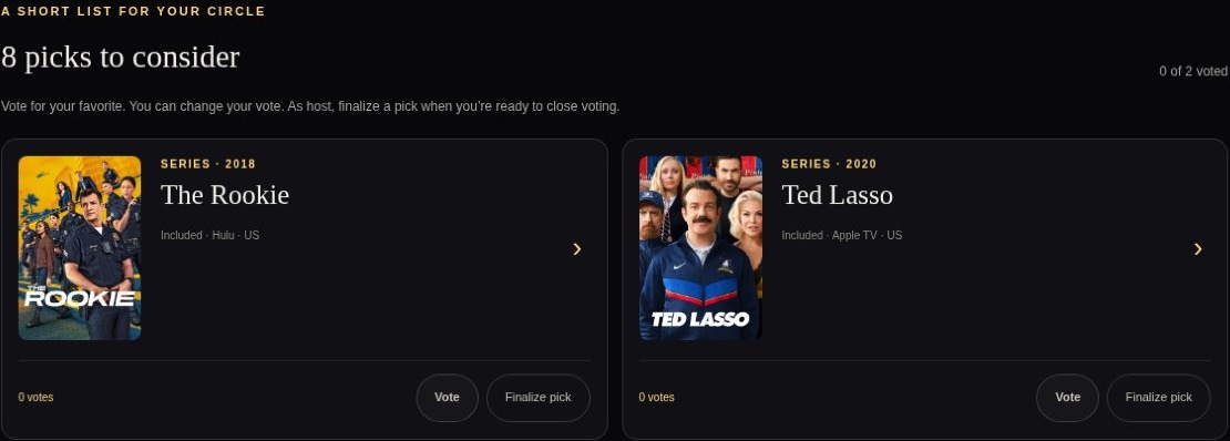 A shortlist of eight picks with vote and finalize pick actions