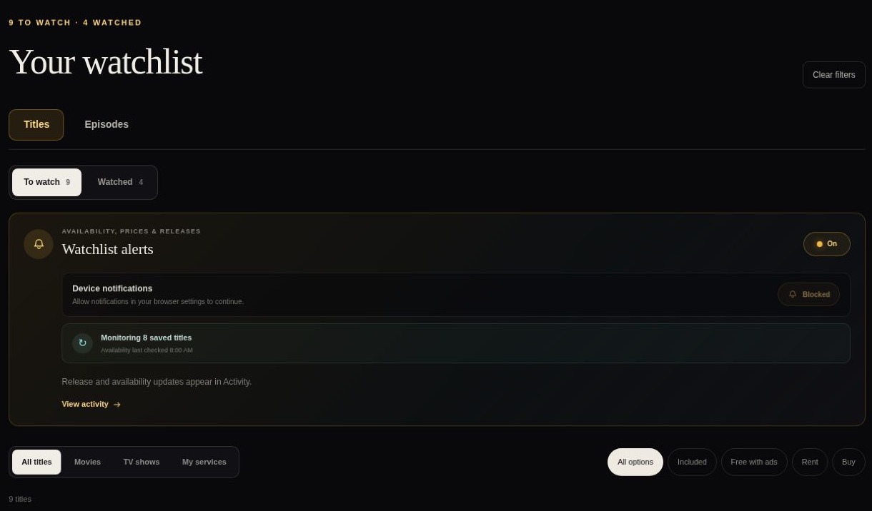 The Watchlist with a monitoring status and last-check time