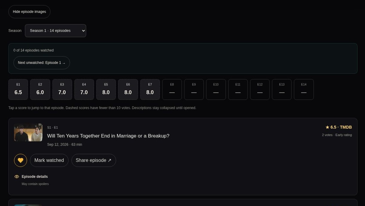 Episode progress with a saved episode and an early rating note