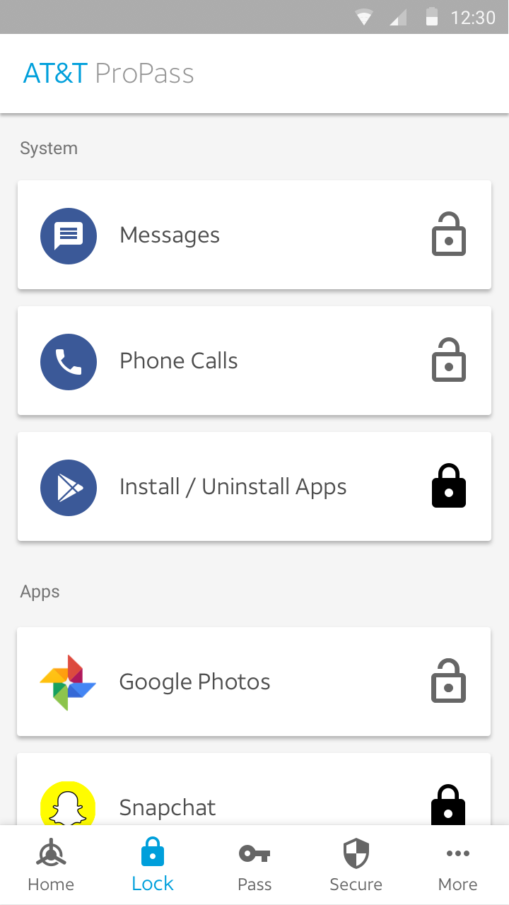 Android App Lock list with system and app toggles
