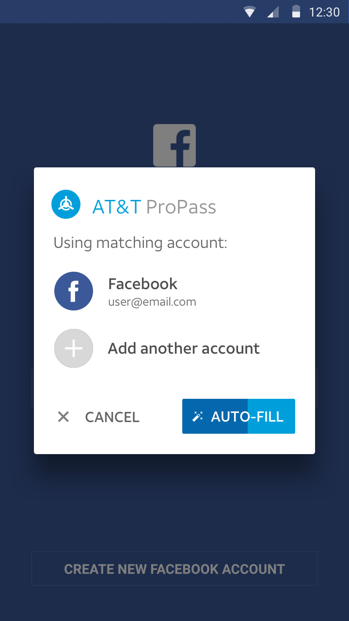 Android auto-fill dialog over the Facebook login