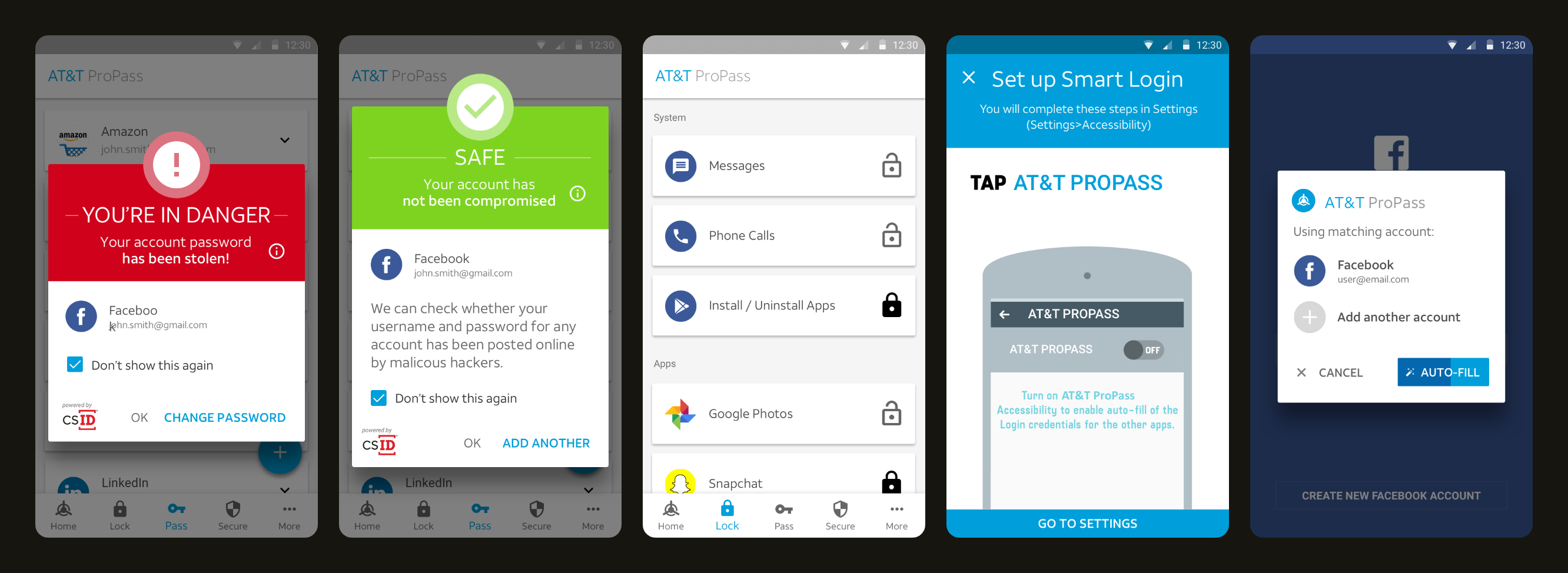 Five Android screens from the stolen password check